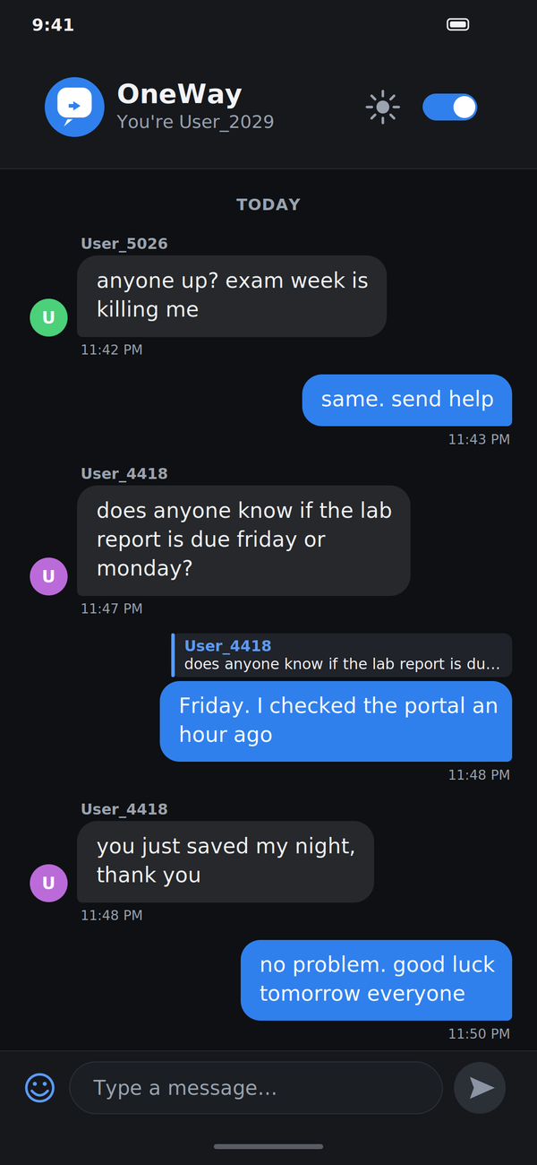 OneWay chat screen in dark mode