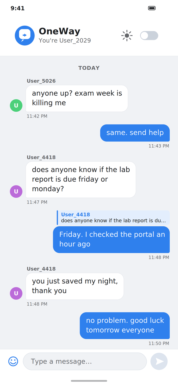 OneWay chat screen with several messages and a reply quote
