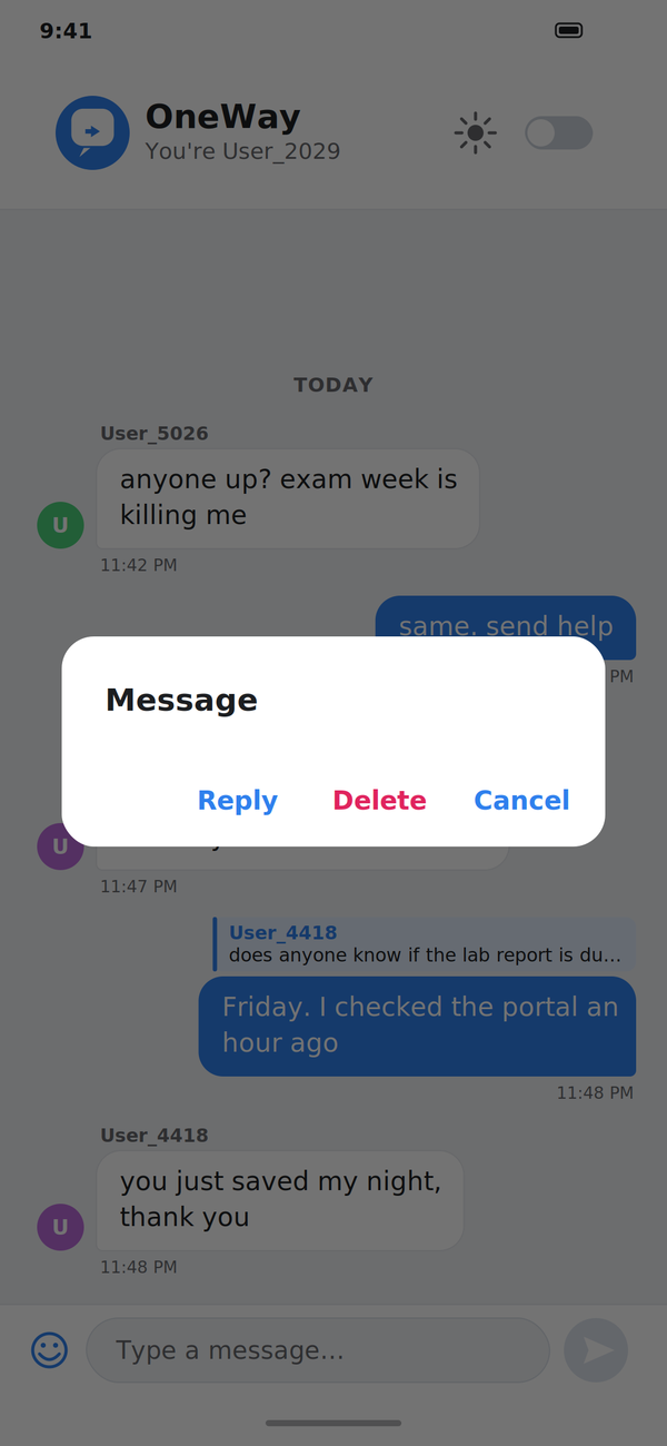 Long-press menu with Reply, Delete and Cancel